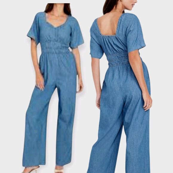 Old Navy Pants - NWT XL NWT Empire Waist Smocked Chambray Denim Jumpsuit Western Milkmaid Preppy
